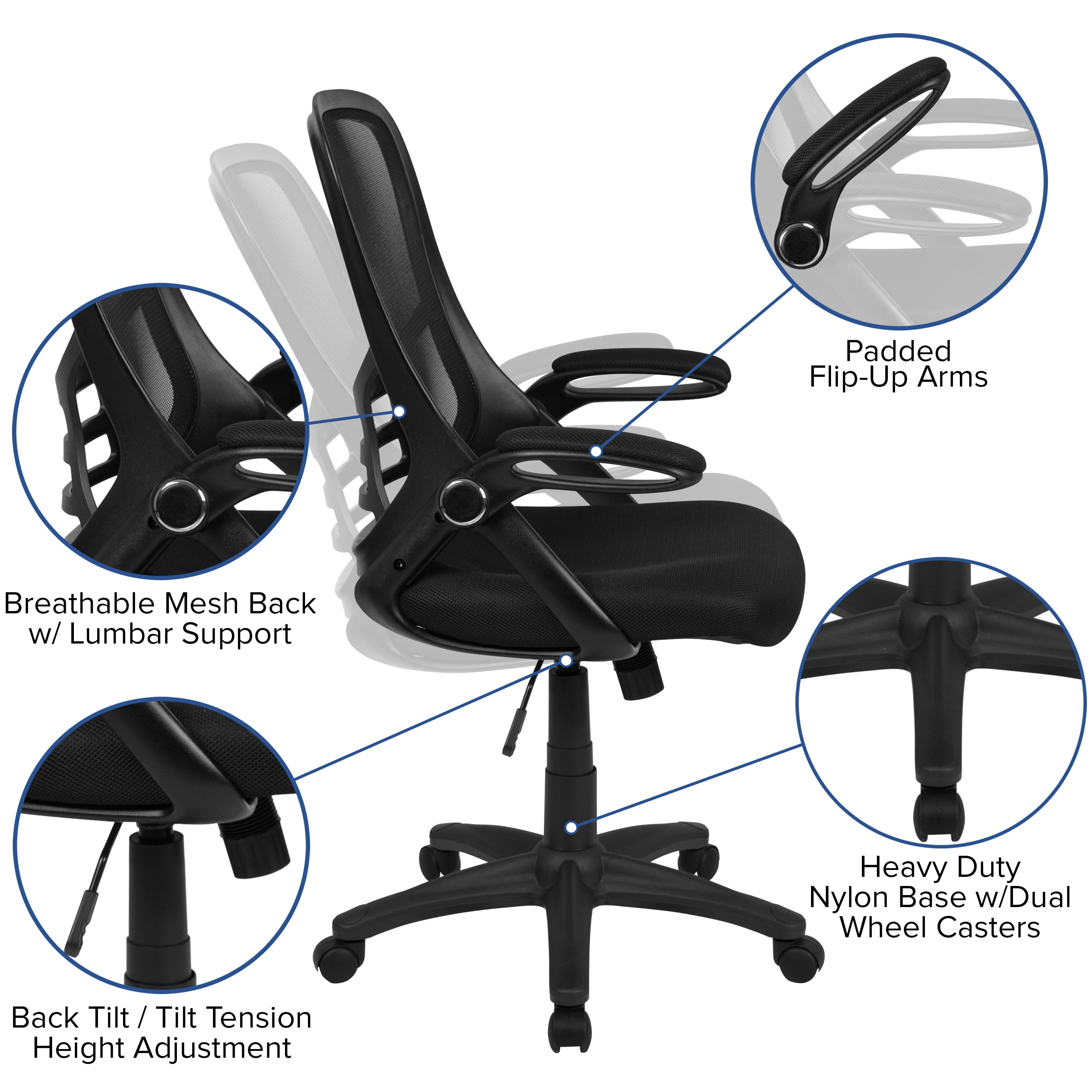 Emma + Oliver High Back Black Mesh Ergonomic Office Chair with Black Frame and Flip-up Arms