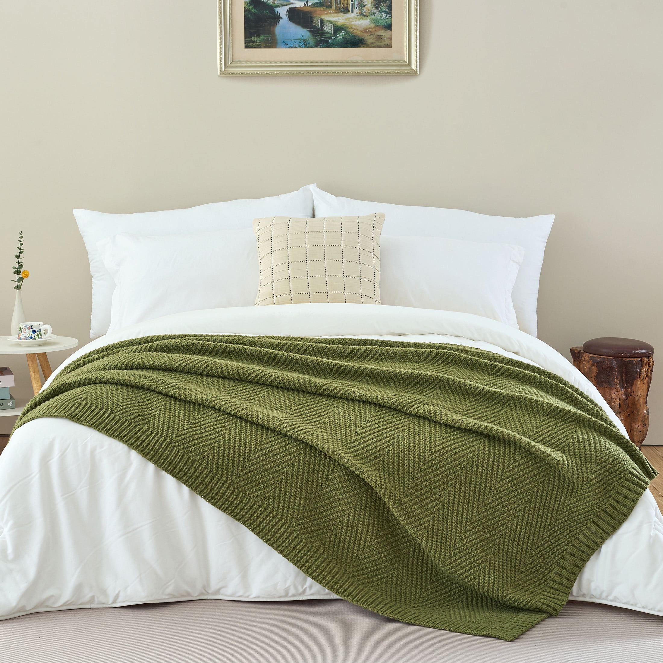 LONG CREATE Soft Knitted Throw Blanket 50" x 60" Olive Green, Boho Chevron Farmhouse Throw for Bed Couch