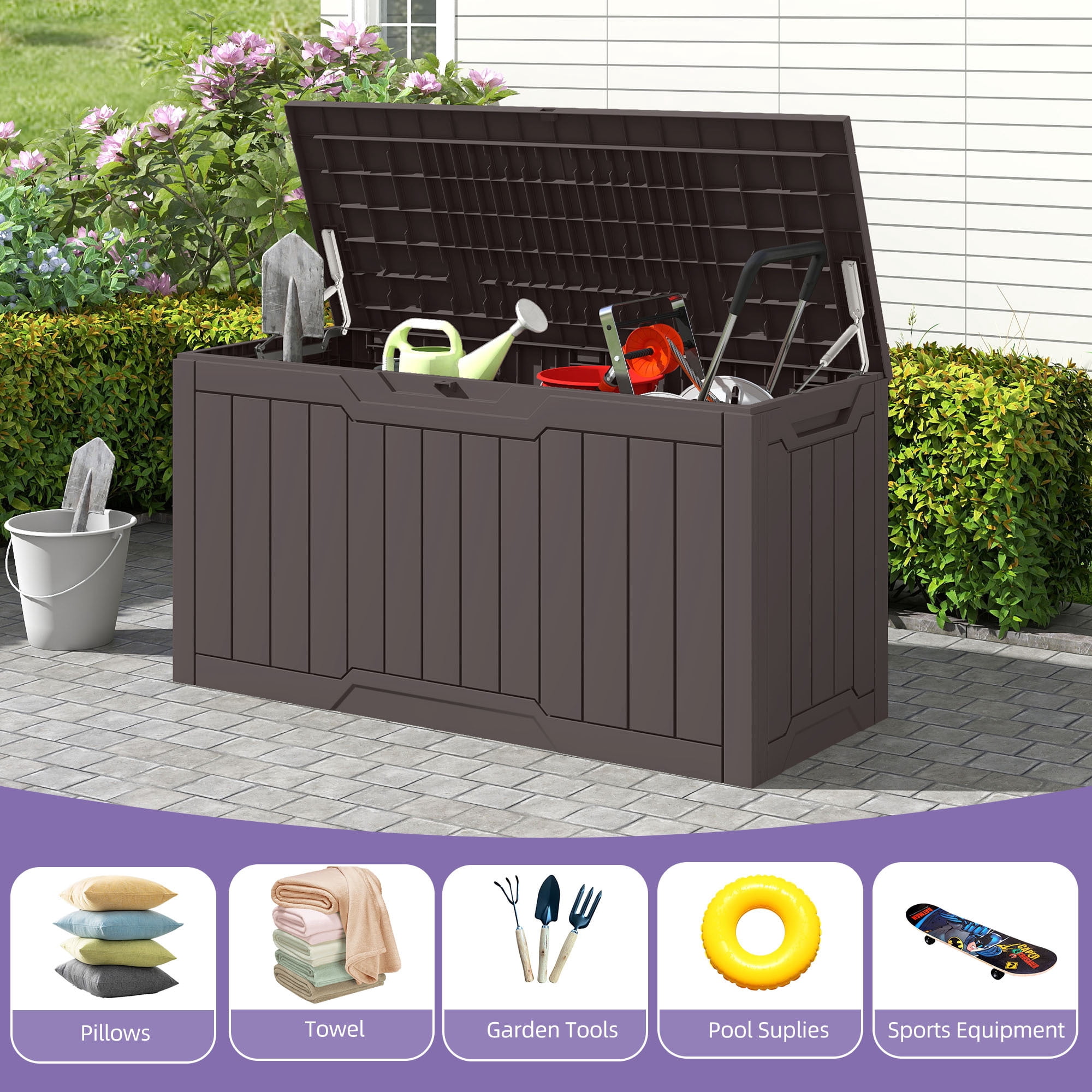 Uforic 80 Gallon Resin Deck Box, Outdoor Storage Box, Lockable Weather Resistant Container for Patio Garden Home Essentials, Dark Brown