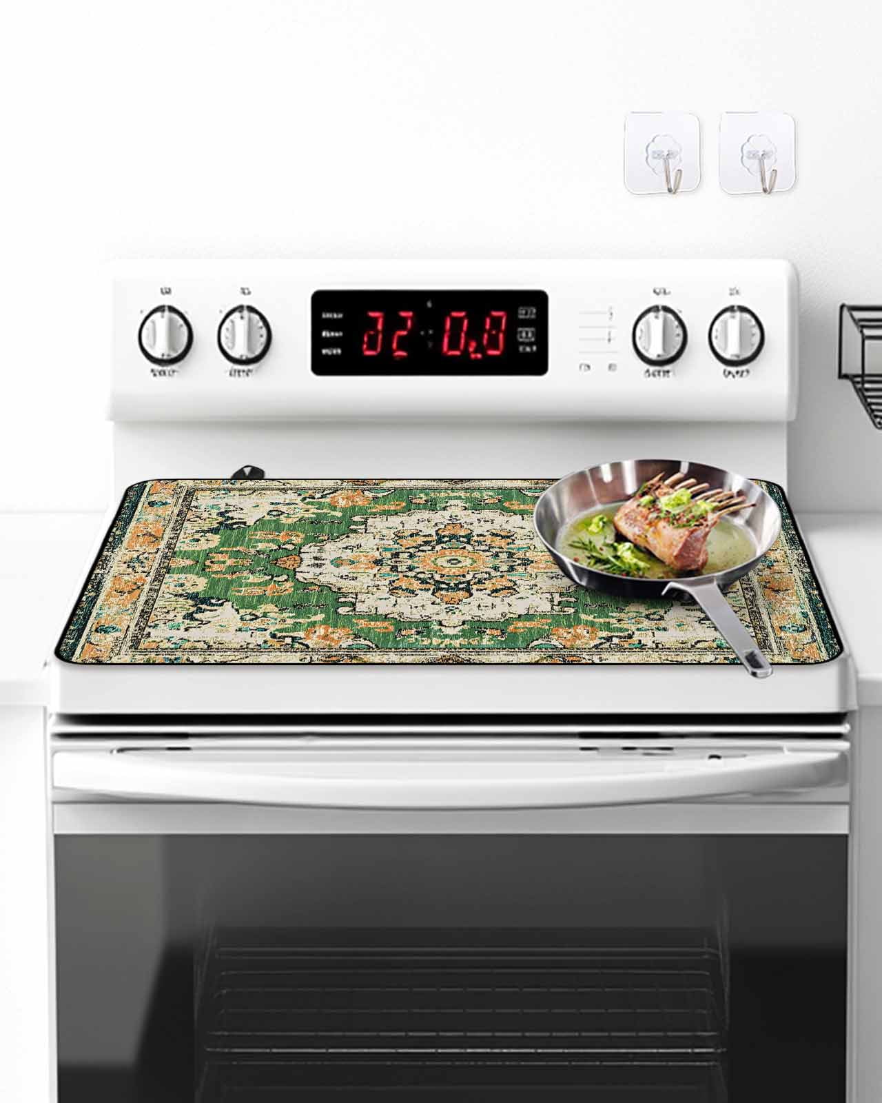 Stove Top Covers for Electric Stove, Green Boho Glass Stovetop Cover Protector, Farmhouse Tribal Vintage Tribal Texture Induction Cooktop Protector Oven Mat for Kitchen Countertop 36"x21"