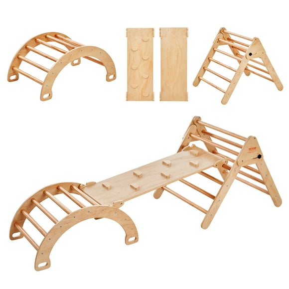 VEVOR Pikler Triangle Set, 5 in 1 Toddler Climbing Toys Indoor Playground, Montessori Climbing Set with Triangle, Ramp, and Arch, Large Size Wooden Climbing Gym for Toddlers 1-3 Years, Wood Color