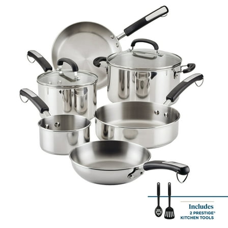 Farberware Brilliance 10 Pcs Stainless Steel Set with Cooking Tools and Glass Lids, Induction Compatible, Metal Utensil and Dishwasher Safe, Stainless Steel