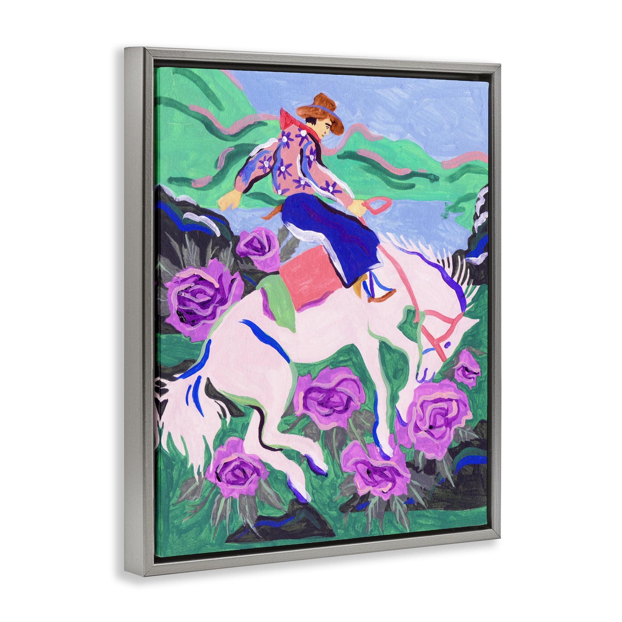 Stupell Industries Bold Hued Cowboy & Horse Animals Painting Gray Floater Framed Canvas Art Print Wall Art, 25 x 31