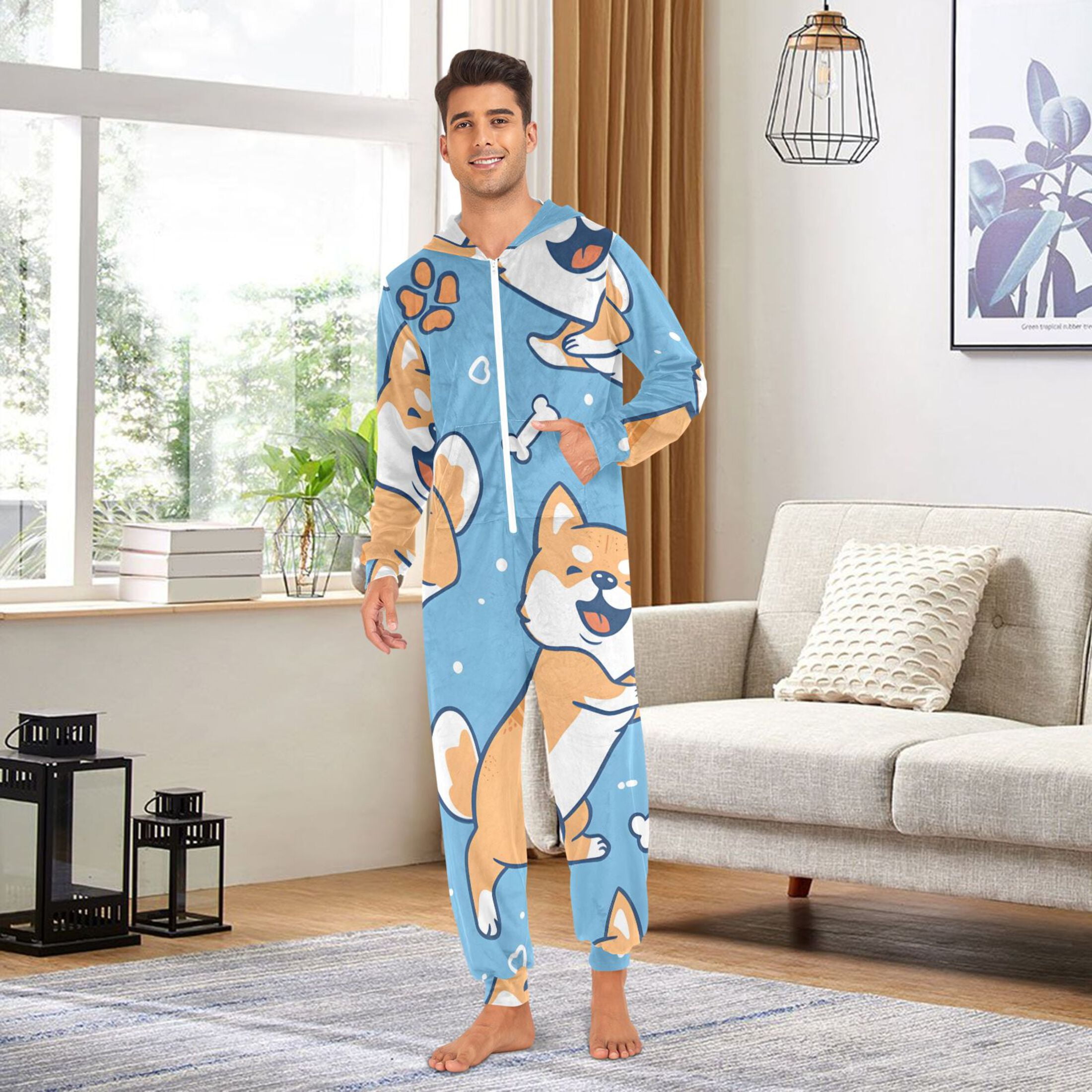 Cartoon Dogs Paws Bones Hearts Adult's Hoodie Onesie Jumpsuit One-Piece Pajamas with Zipper Unisex for Holiday M