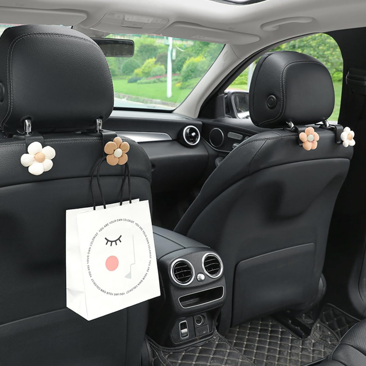 Rongsi Car Purse Hook,4PCS Car Headrest Hooks, Cute Flower Vehicle Seat Organizer Hooks for Purses and Bags, Portable Automotive Purse Hanger Holder Decoration, Universal for SUV, Sedan, Truck (Beige