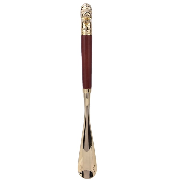 Calzador de metal con forma de cabeza de león y mango largo de madera, herramienta para levantar zapatos, cuchara pequeña con forma de cabeza de león marrón de 58 cm