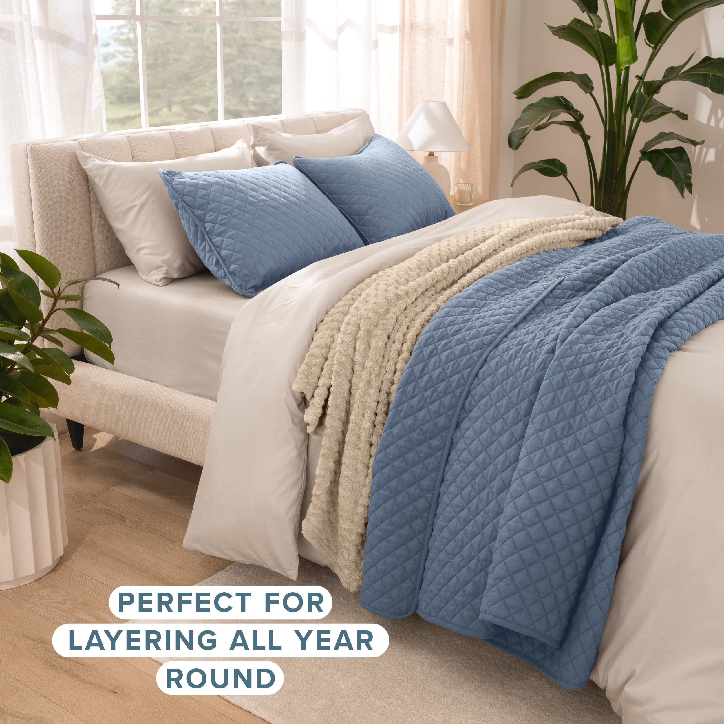 Bare Home Quilt Set - 2 Piece - Diamond Stitched Bedspread Coverlet - Twin/Twin XL, Coronet Blue