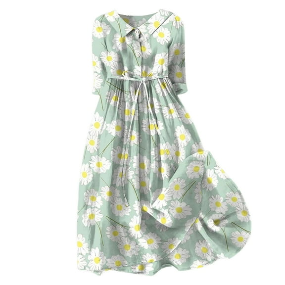Dresses for Women 2024 Boho Floral Lapel Neck Button Casual A-Line Lace-Up Dress Vacation Beach Flowy Long Dress