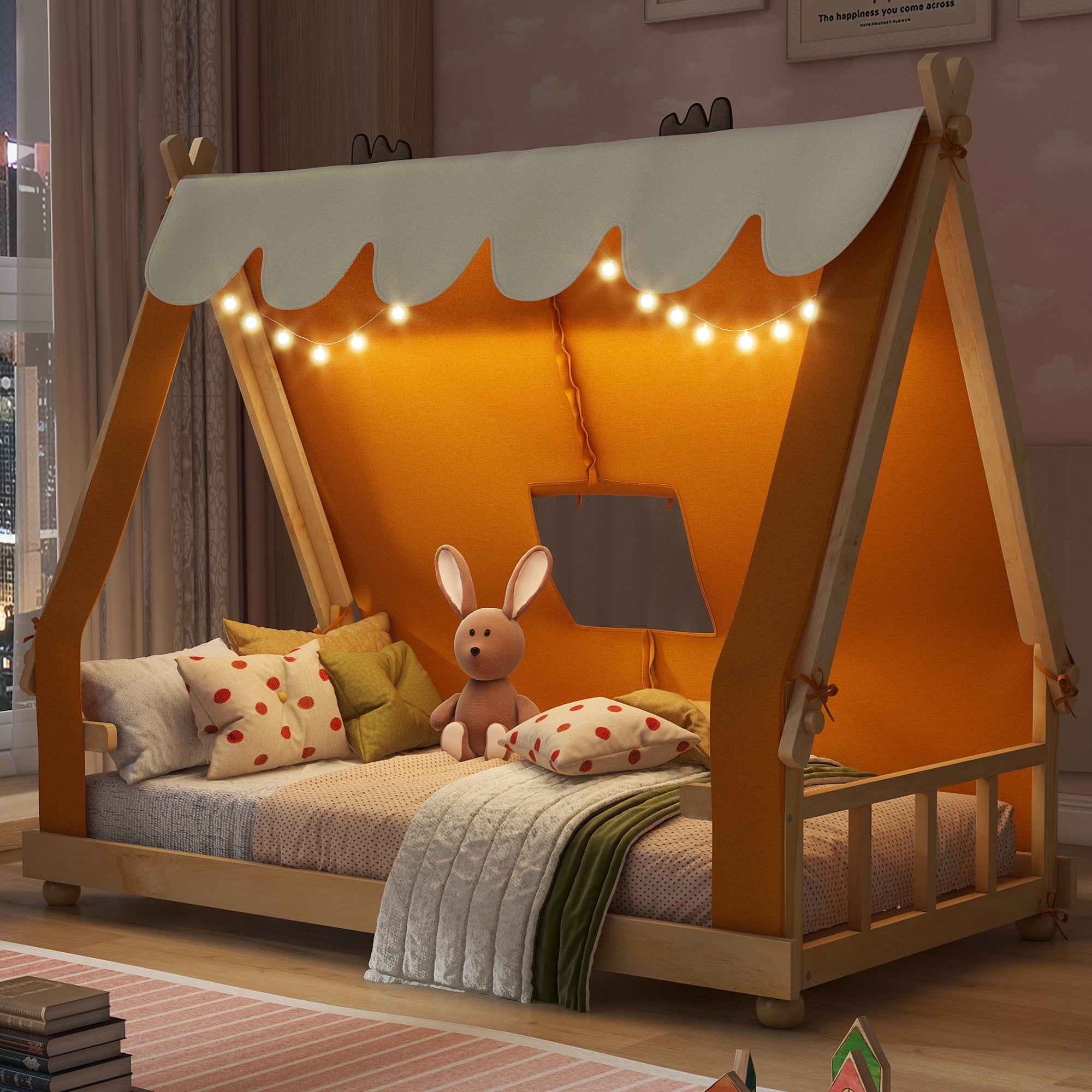 House Bed Twin Size, Wooden Floor Bed Frame with Detachable Tent and Skylight Light, MDF+LVL Construction for Kids Bedroom and Playroom, Brown