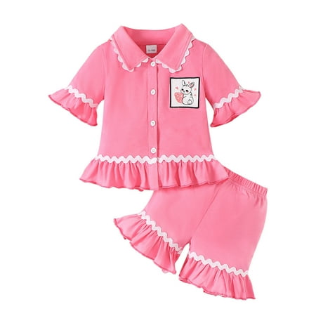 

Co.MMehjri Baby Girl Easter Pajama Set Lapel Neck Short Sleeve Button Down Tops + Elastic Waist Frill Trim Shorts Infant Toddler Sleepwear