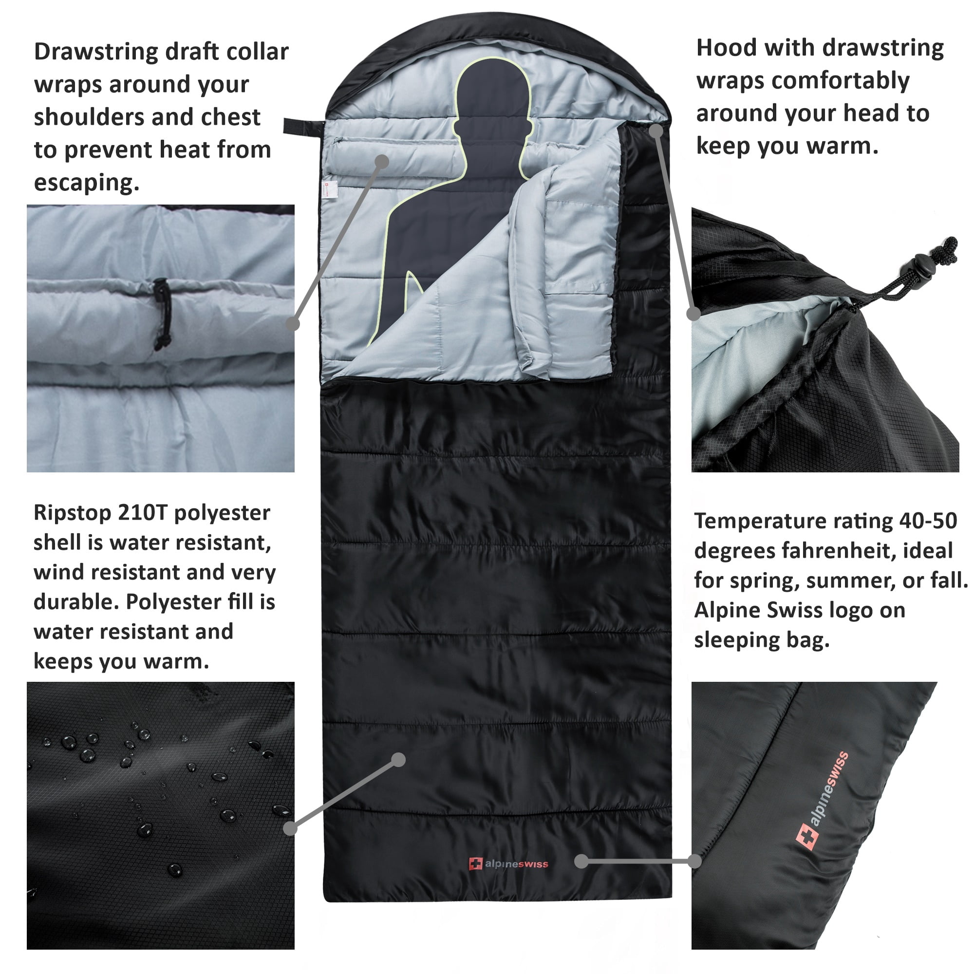 Alpine Swiss 0°C (32°F) Sleeping Bag Lightweight Waterproof with Compression Sack Adults All Seasons Camping Hiking Backpacking Travel Outdoor Indoor