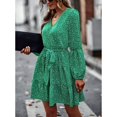 thumbnail image 4 of Vestido midi floral verde con escote en V, manga larga, corte A y lazo en la cintura para primavera/otoño, 4 of 8