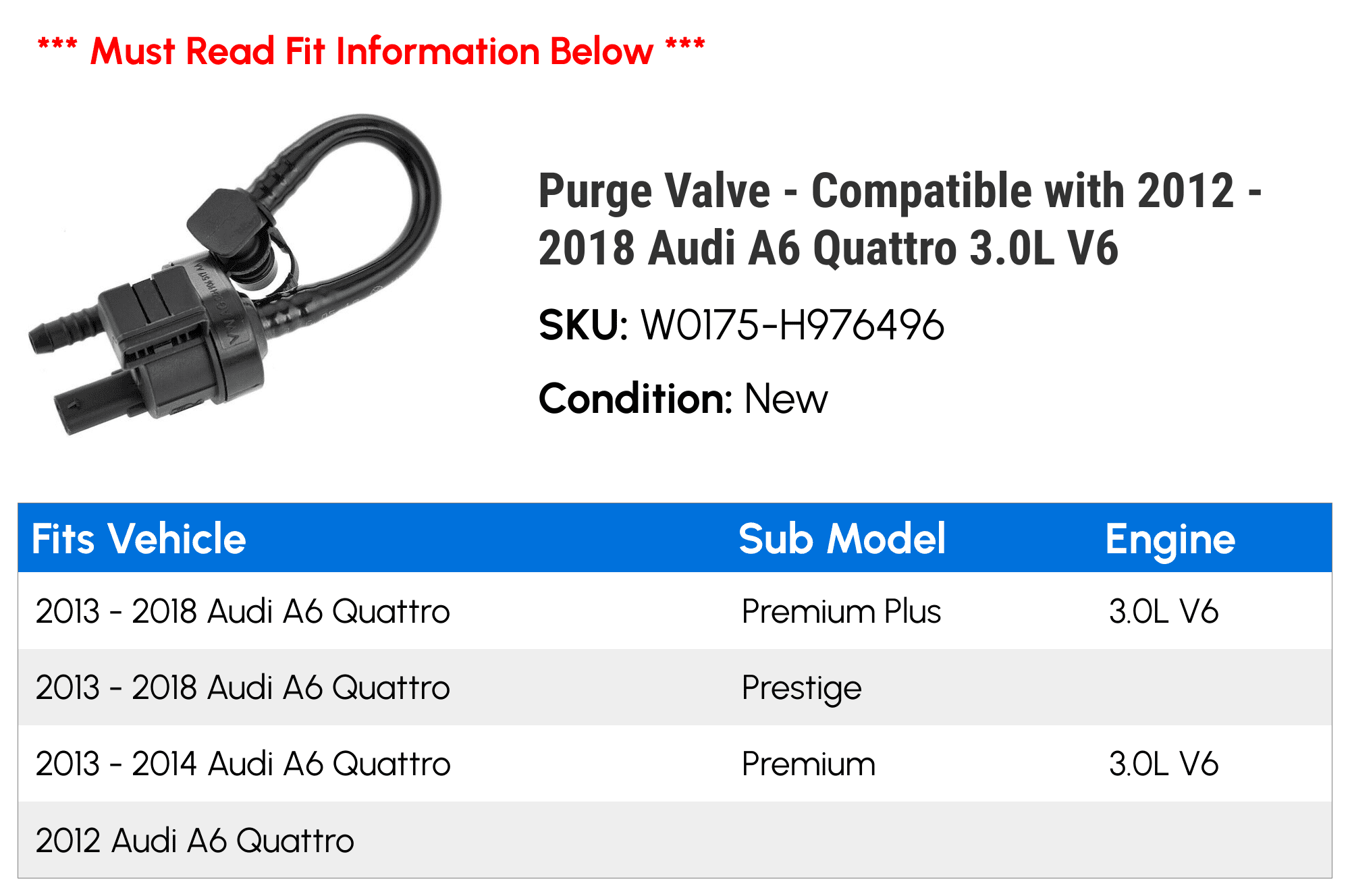 Purge Valve - Compatible with 2012 - 2018 Audi A6 Quattro 3.0L V6 2013 2014 2015 2016 2017