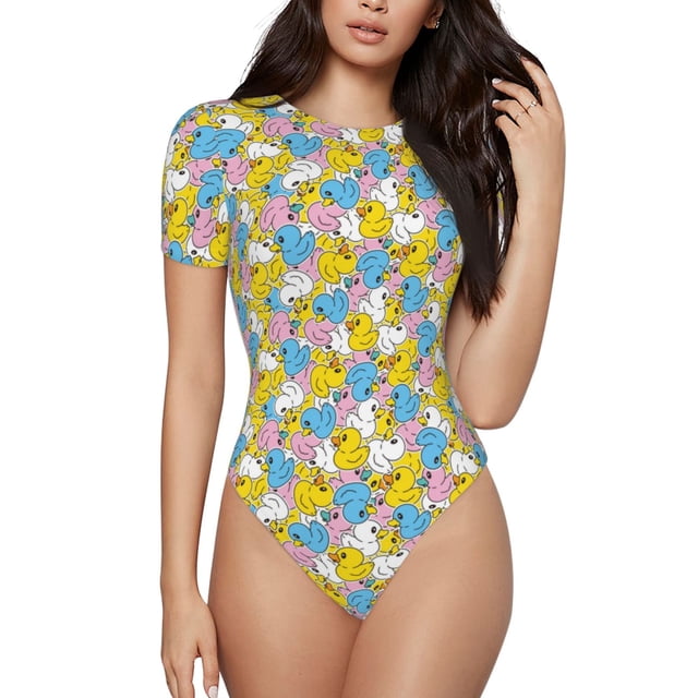 Balery Colorful Rubber Duck 1 Body de cuello redondo de manga corta para mujer Tops de manga corta Tops básicos-Large