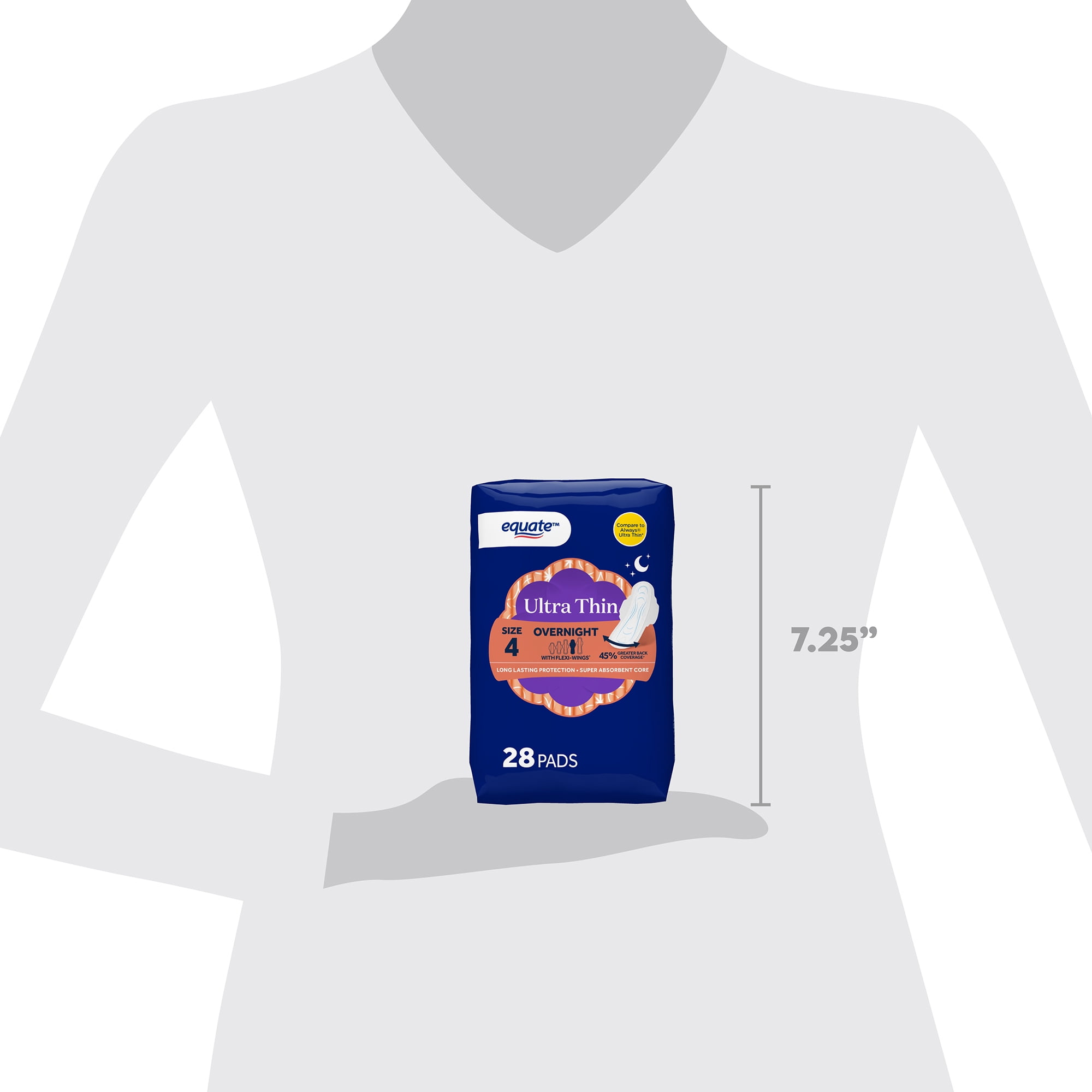 Equate Ultra Thin Pads with Flexi-Wings, Overnight Absorbency, Size 4, 28 Count