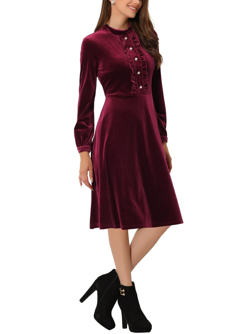 Inspire Chic Women's Velvet Dress Mock Neck Button Front Ruffle Vintage Flare Dresses S Burgundy Inspire Chic Women's Velvet Dress Mock Neck Button Front Ruffle Vintage Flare Dresses S Burgundy