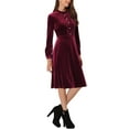 thumbnail image 4 of INSPIRE CHIC Women's Velvet Dress Mock Neck Button Front Ruffle Vintage Flare Dresses XL Burgundy, 4 of 6