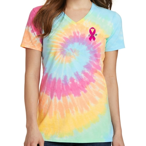 Ladies Breast Cancer Ribbon Pin V-neck Tie Dye Tee - Small