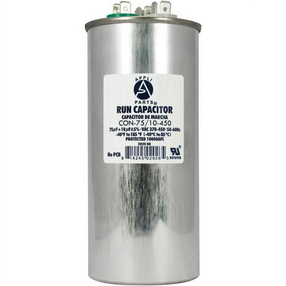 Appli Parts Dual Run Capacitor for ac 75 10 Mfd uF (microfarads) 370VAC or 450VAC CBB65 Round Universal fit for hvac and other applications 5-5/8 in High 2-1/4 in Wide CON-75/10-450