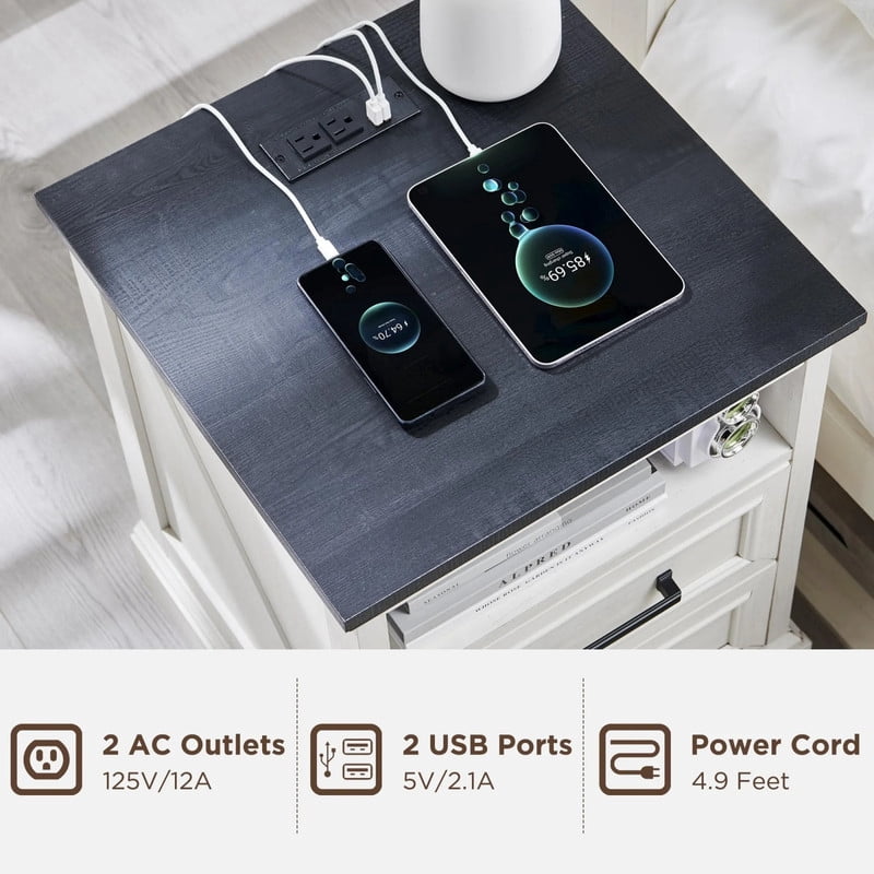 Kelno 18" Nightstand with Charging Station Farmhouse Wooden End Table with 2 Drawers USB TypeC Outlets，White