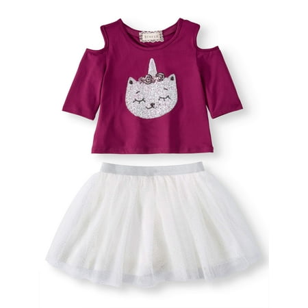 Sequin Caticorn Cold Shoulder Tee and Mesh Tutu Skirt, 2-Piece Outfit Set (Little Girls and Big Girls)