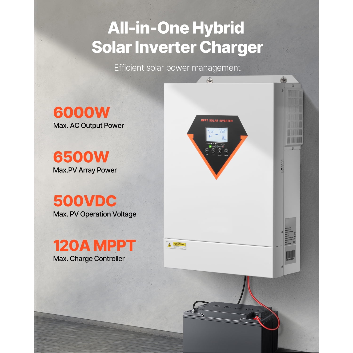 KFFKFF Hybrid Solar Inverter, 6000W, All-in-One Pure Sine Wave Power Inverter Charger, 48V DC to 220/230V AC, with Integrated 120A MPPT Solar Controller, Compatible with Off-Grid Systems