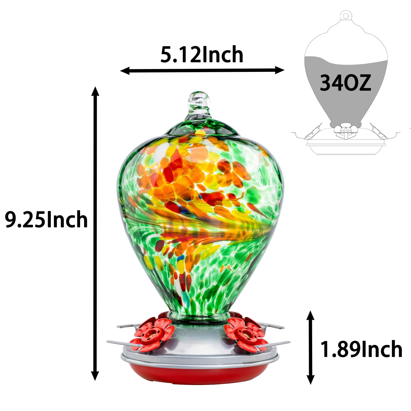Peacock Blown Glass Hummingbird Feeder, Outdoor Backyard Decor