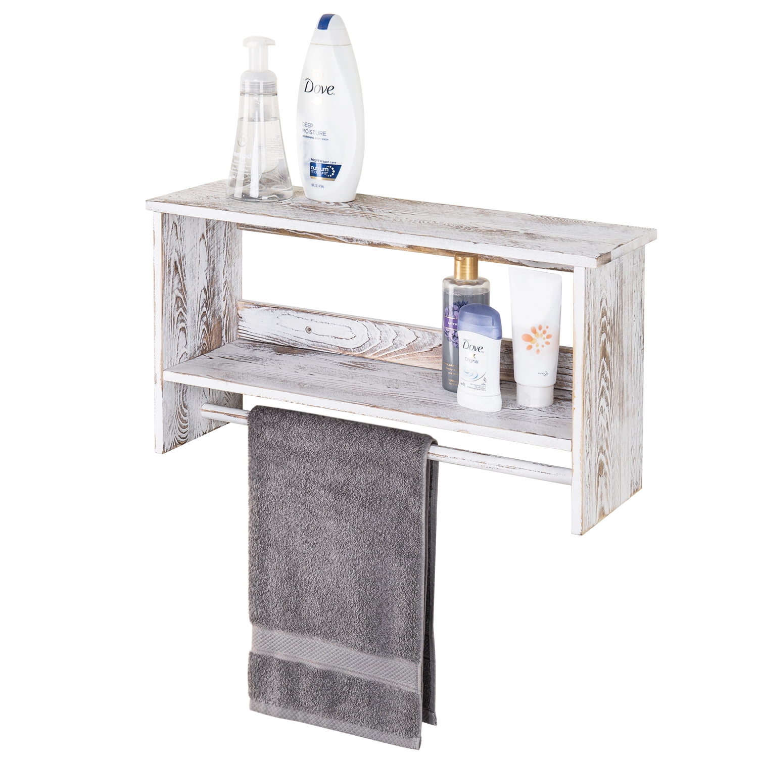 MyGift 2 Shelf Whitewashed Wall Mounted Bathroom Organizer with Towel