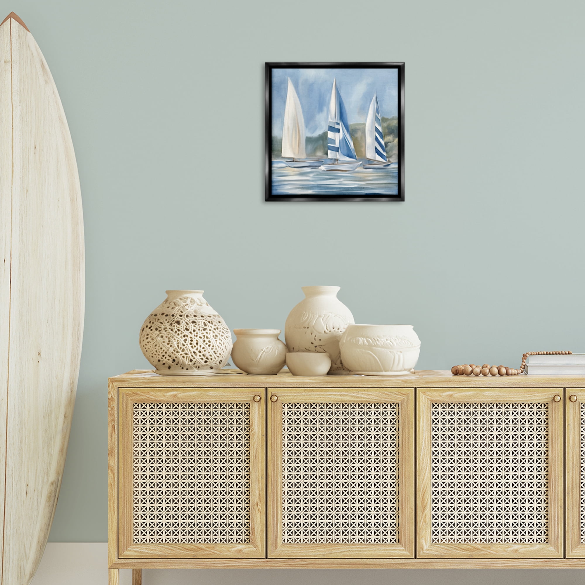 Stupell Industries Sailboat Trio Drifting Coastal Painting Black Floater Framed Canvas Art Print Wall Art, 18 x 18