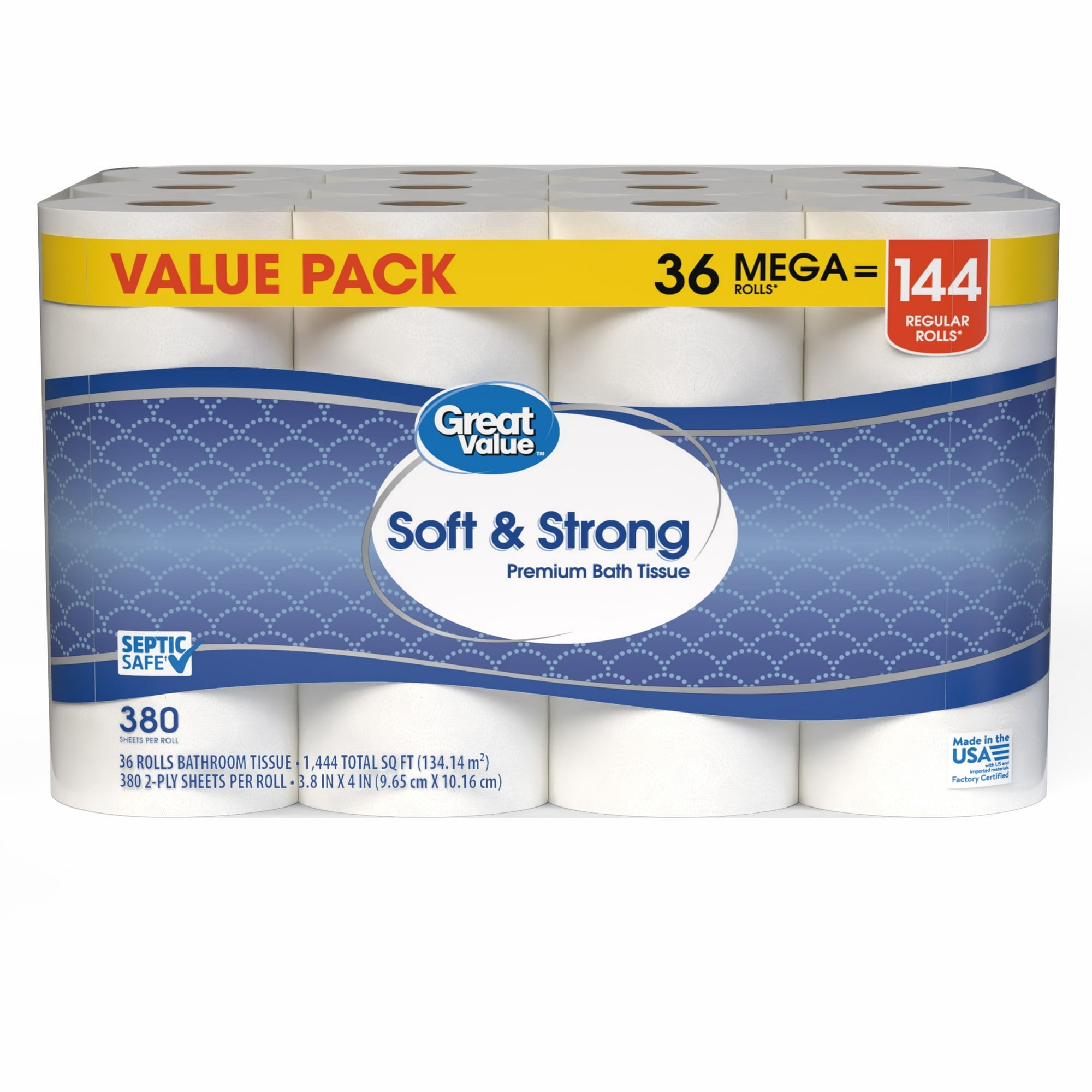 Soft & Strong Premium Toilet Paper, 36 Mega Rolls, 380 Sheets per Roll