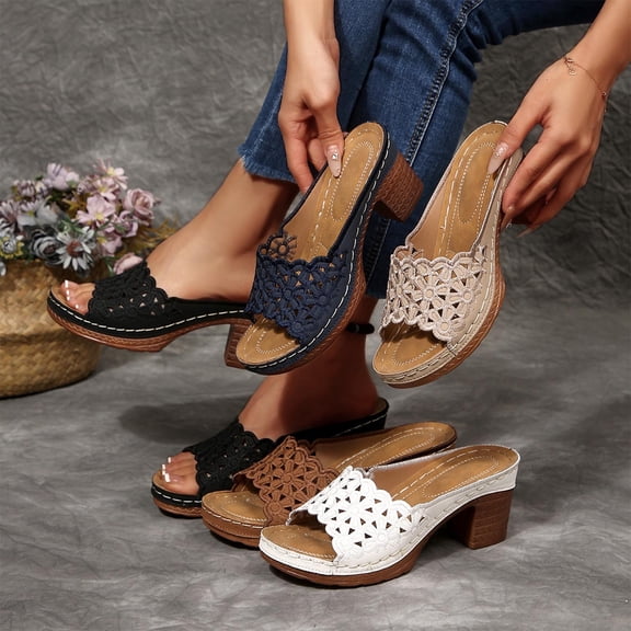 Women's Crochet Block Heel Mules Open Toe Chunky Heel Clogs for Women Casual Thick Sole Slip On Shoes Spring Summer Comfortable