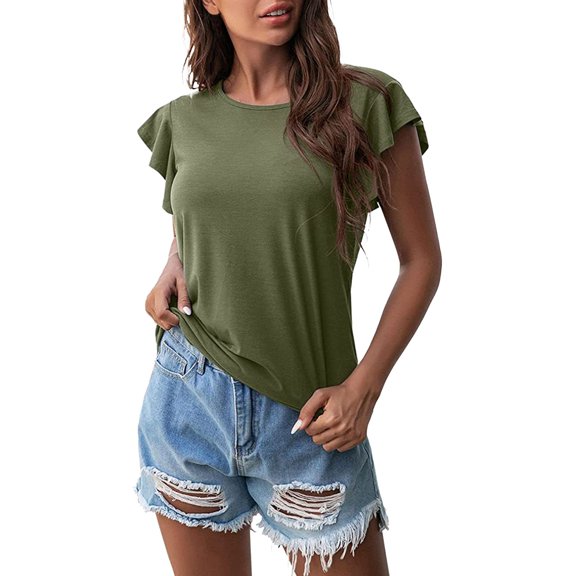 Plus-Size-Summer-Tops for Women Women's Fashion Round Neck Ruffle Short Sleeve Solid Color Casual T-Shirt