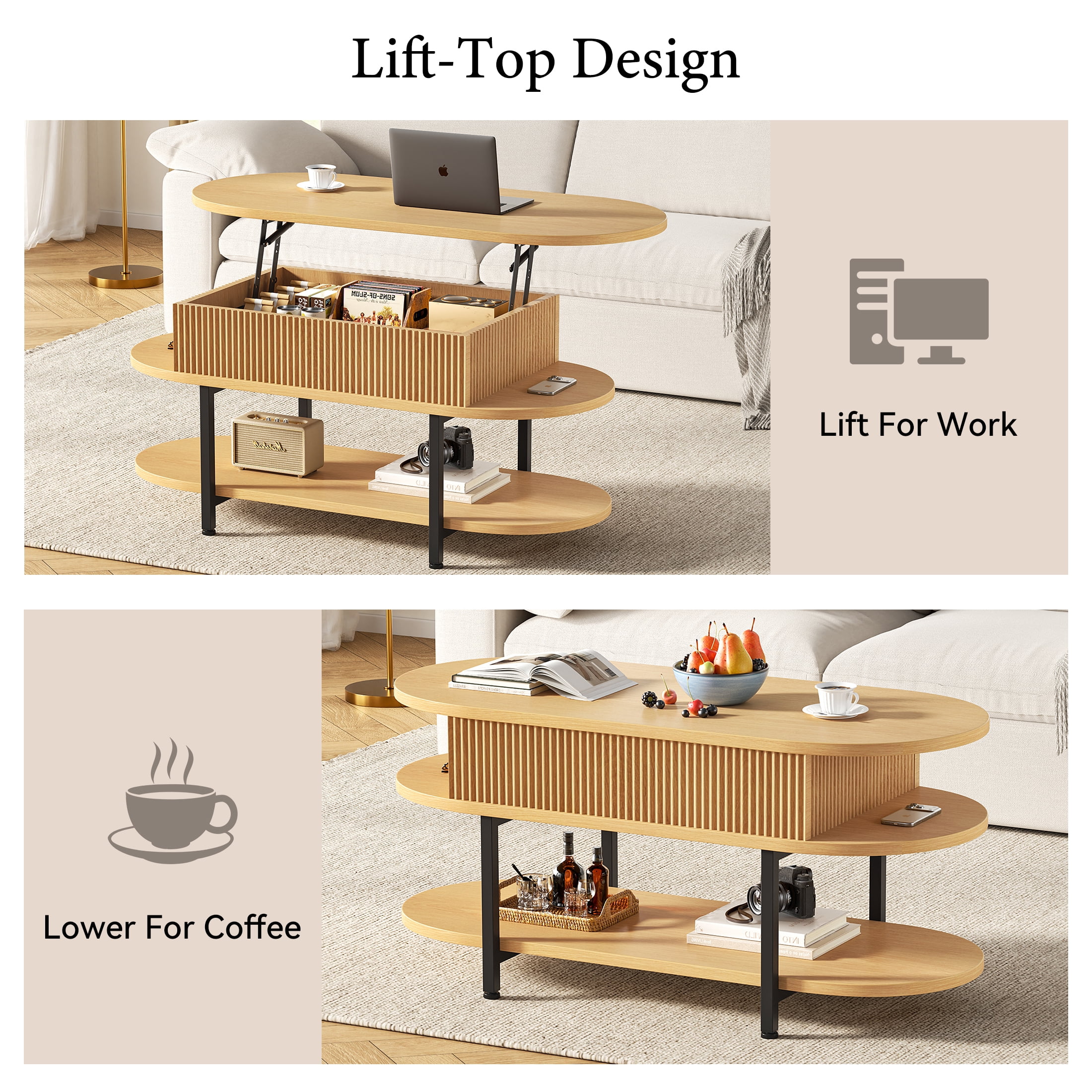 GUNAITO Lift Top Coffee Table with Storage, Modern Farmhouse Center Table with Shelf 2 Tier for Living Room, Natural