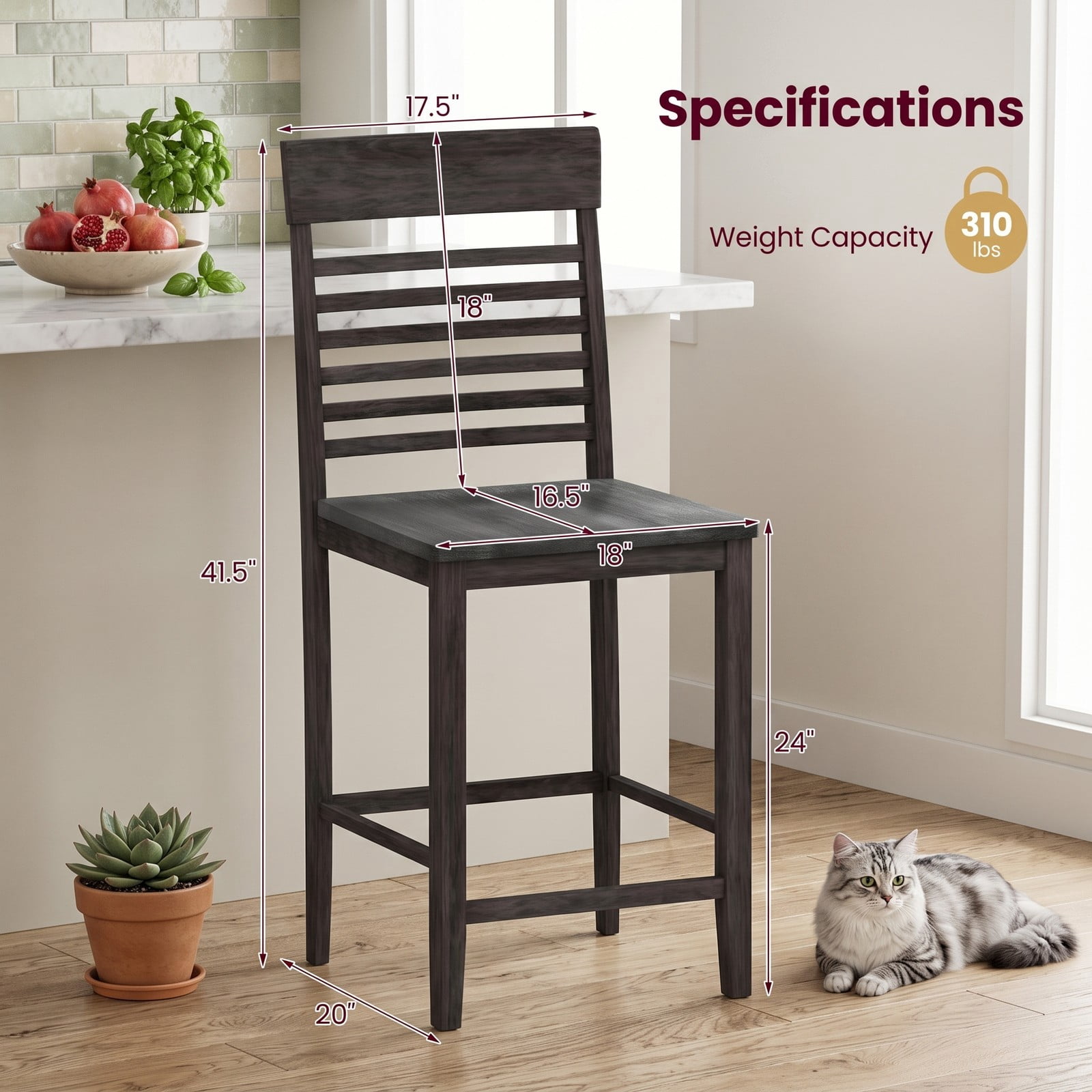 Furnibear Dining Chair Set of 2 with Footrests, Solid Rubber Wood Frame, Slatted Backrest Ergonomic Kitchen Side Chairs for Dining Room, Guest Room, 310 lbs, Gray