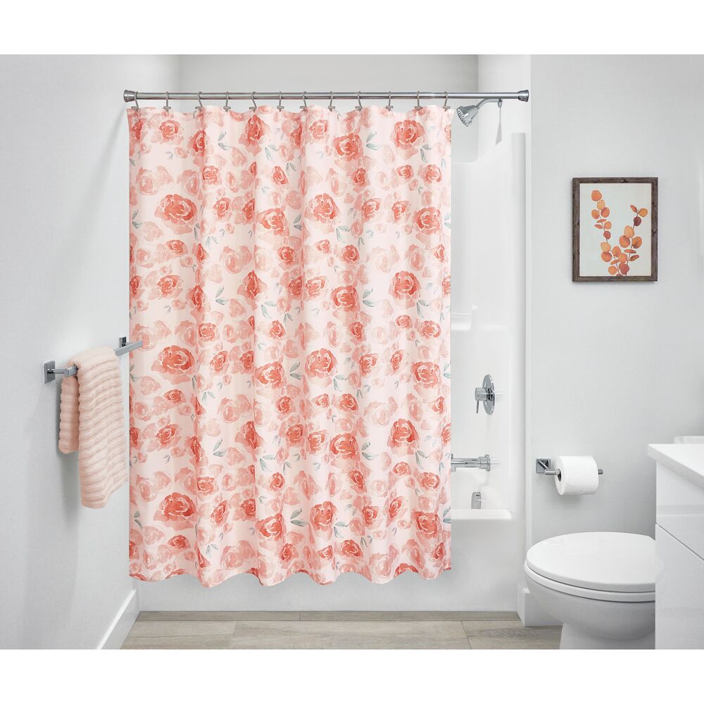 iDesign Polyester Shower Curtain, Peach Watercolor Floral, 12 Reinforced Buttonholes