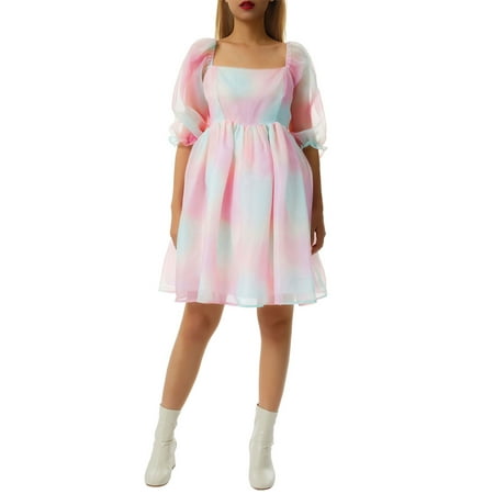 Juaugusep Womens Puff Sleeve Square Neck Puffy Dress Babydoll Mesh Mini Dress High Rise Flare Dress