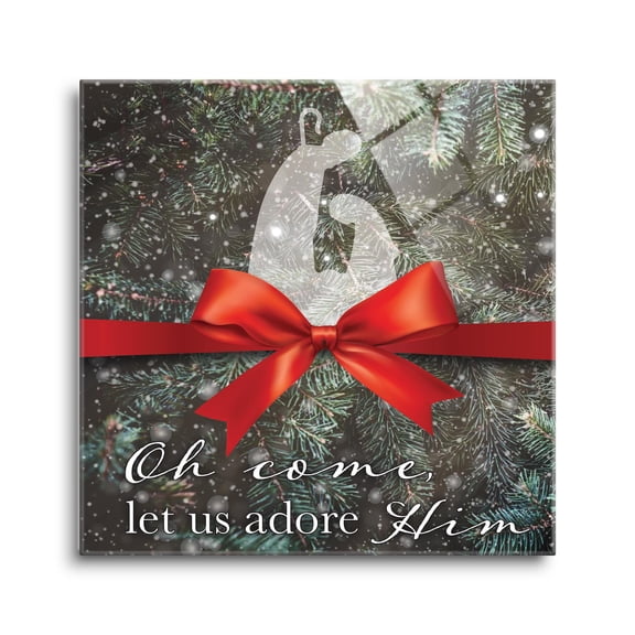 Let Us Adore Him Pine Sparkle Bow 24 x 24 Glass Wall Hanging Sign