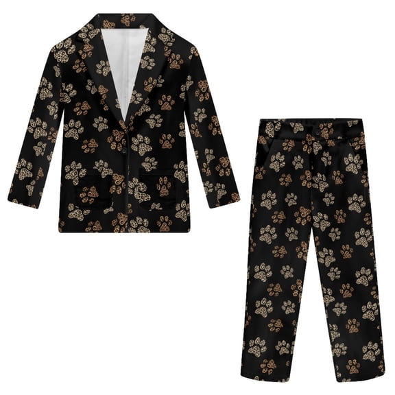 Whosucclay Brown Tone Paw Prints, Dual Front Patch Pockets Polyester Formal Suits Elastic Waist Non-Stretch Boys Suit for Wedding Ring Bearer Graduation