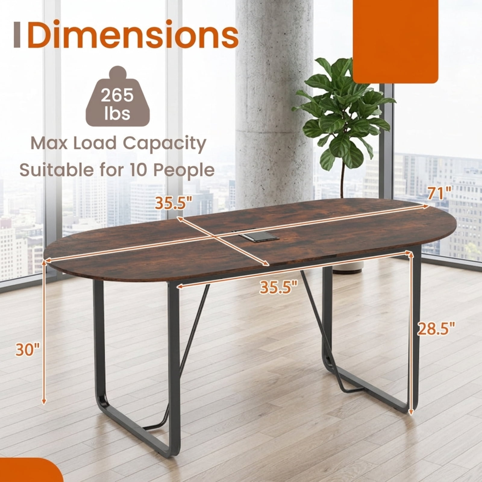 Furnibear Executive Desk 71 Inch Large Oval Home Office Desk Computer Writing Work Desk with Cable Management Hole and Metal Frame, Rustic Brown