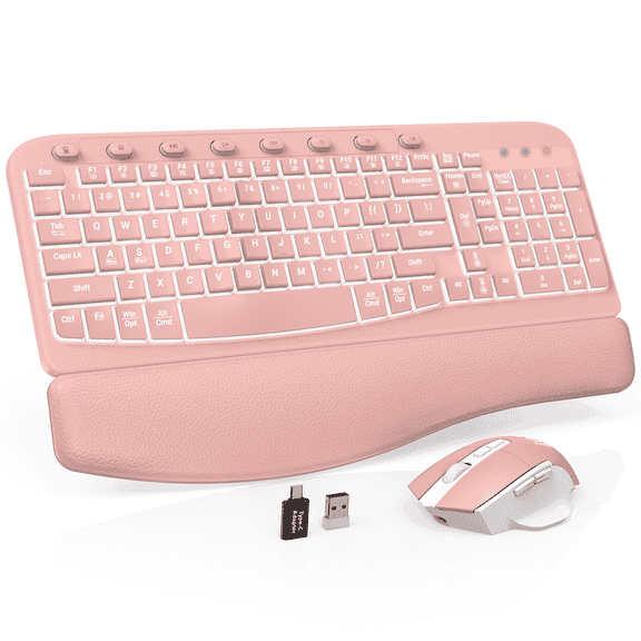 Wireless Keyboard and Mouse Combo - Ergonomic Wave Rechargeable Keyboard with Soft Leather Wrist Rest, RGB Backlit -Pink