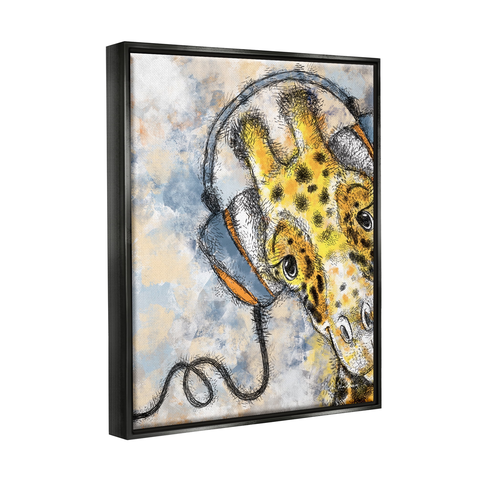 Stupell Industries Giraffe with Headphones Animals & Insects Painting Black Floater Framed Art Print Wall Art, 25 x 31