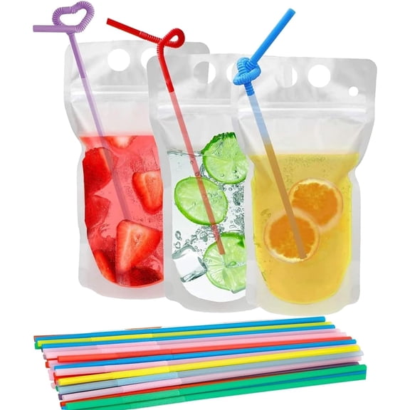 Natonhi 100 Pcs Drink Pouches with 100 Straw Holes, Freezable Juice Pouches, Translucent Reclosable Zipper Plastic Pouche Drink Bags for Cold & Hot Drinks for Adults and Kids