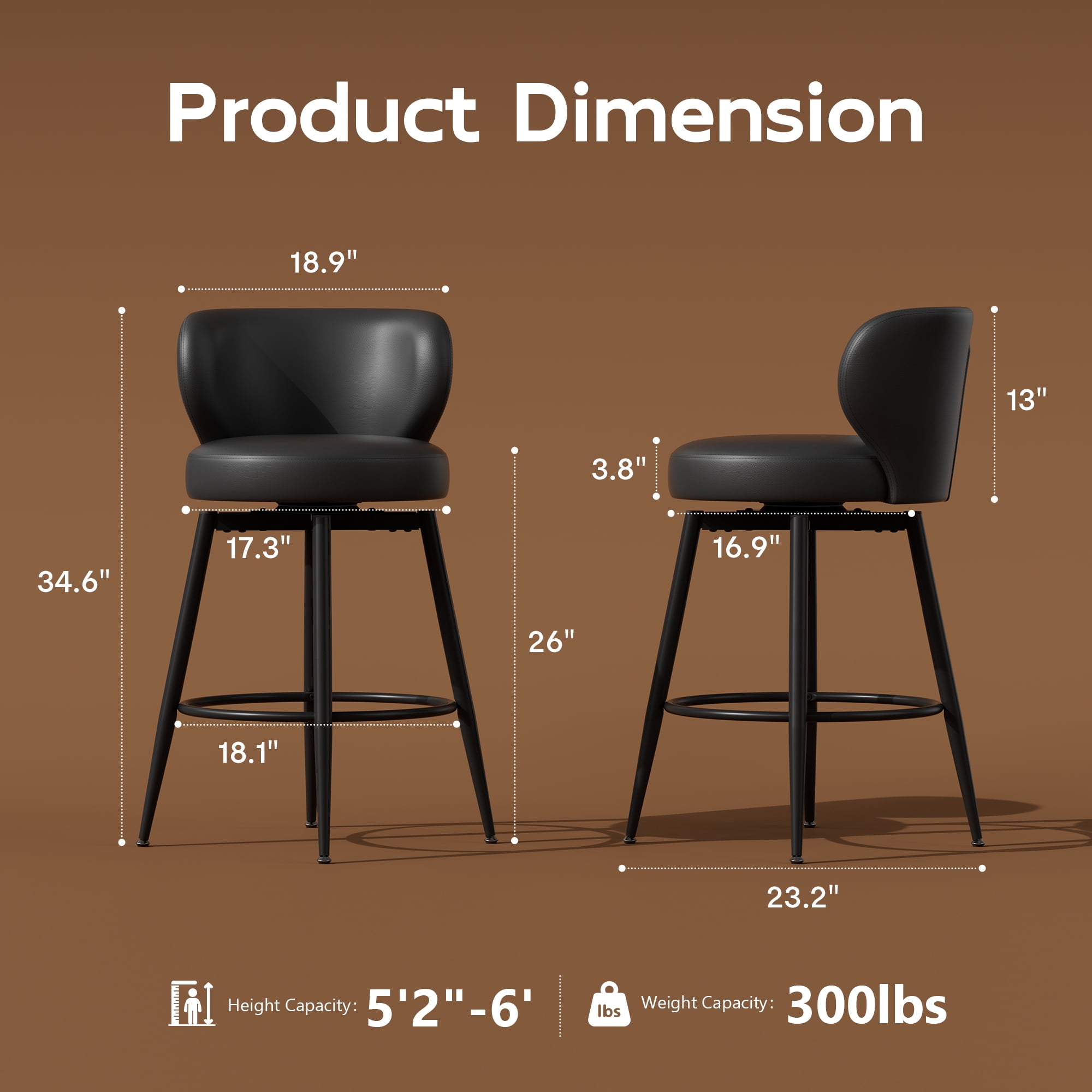 Homezeer 26" Bar Stools Set of 2, Low Back Counter Height Bar Stools with Round Seat, PU Leather Swivel Bar Chair for Kitchen, Black