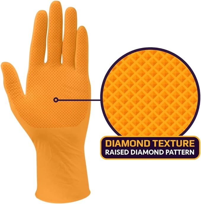 Inspire Heavy Duty Orange Nitrile Disposable Gloves | ULTRA 8 Mil Diamond Textured Grip | Industrial Mechanic Food (1000, XXL)