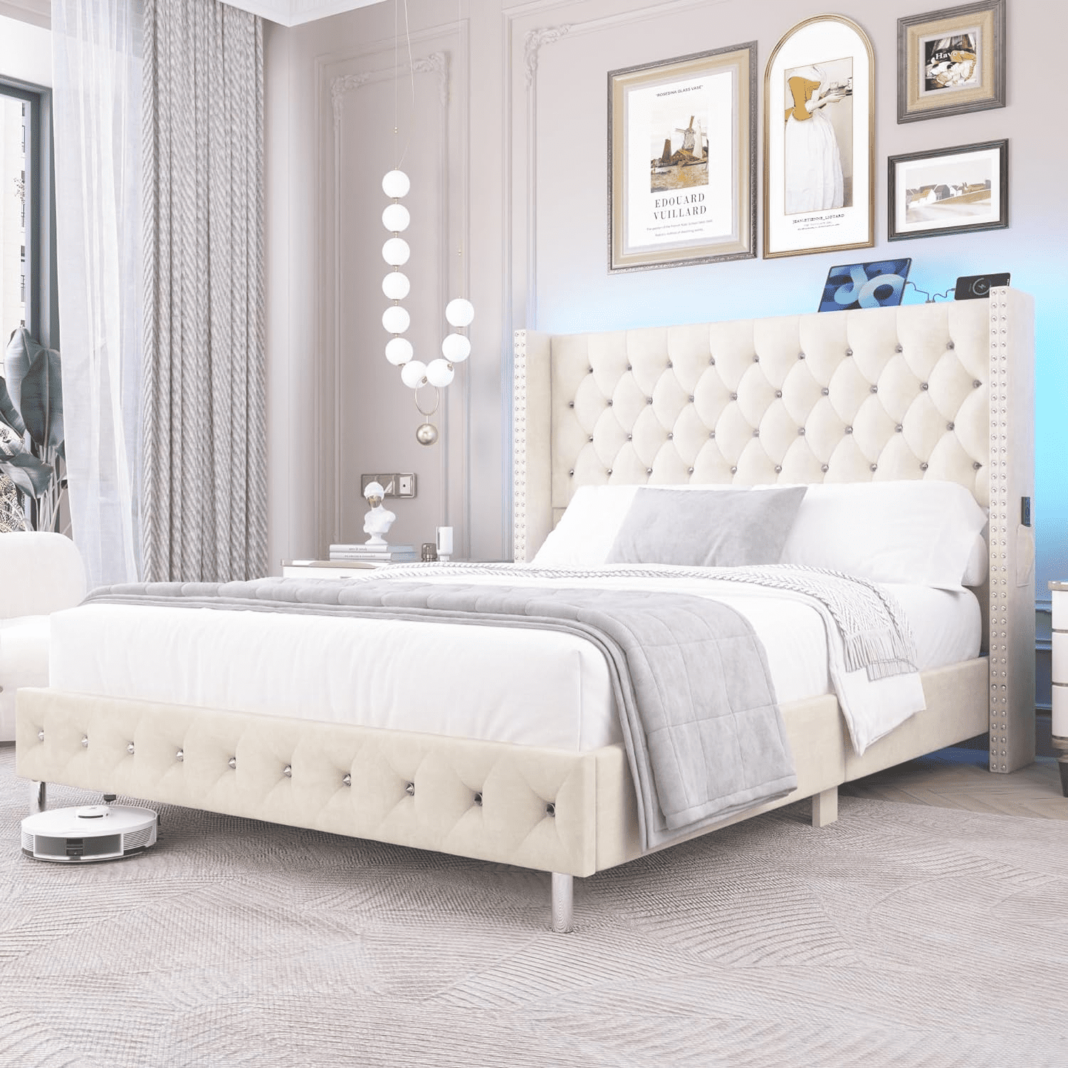 Blotout- Queen LED Upholstered Bed Frame with Wingback Headboard, Velvet Diamond Button Tufted Bed Frame USB & Type-C Ports and Side Pockets, Wood Slats Support, No Box Spring Needed