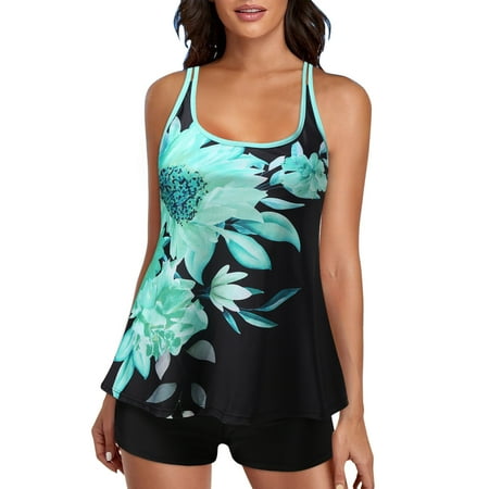 2 Piece Swimsuit for Women Trendy Print Long Torso Tank Tops with Boyshorts Tankini Mint Green Bathing Suits Womens XXL