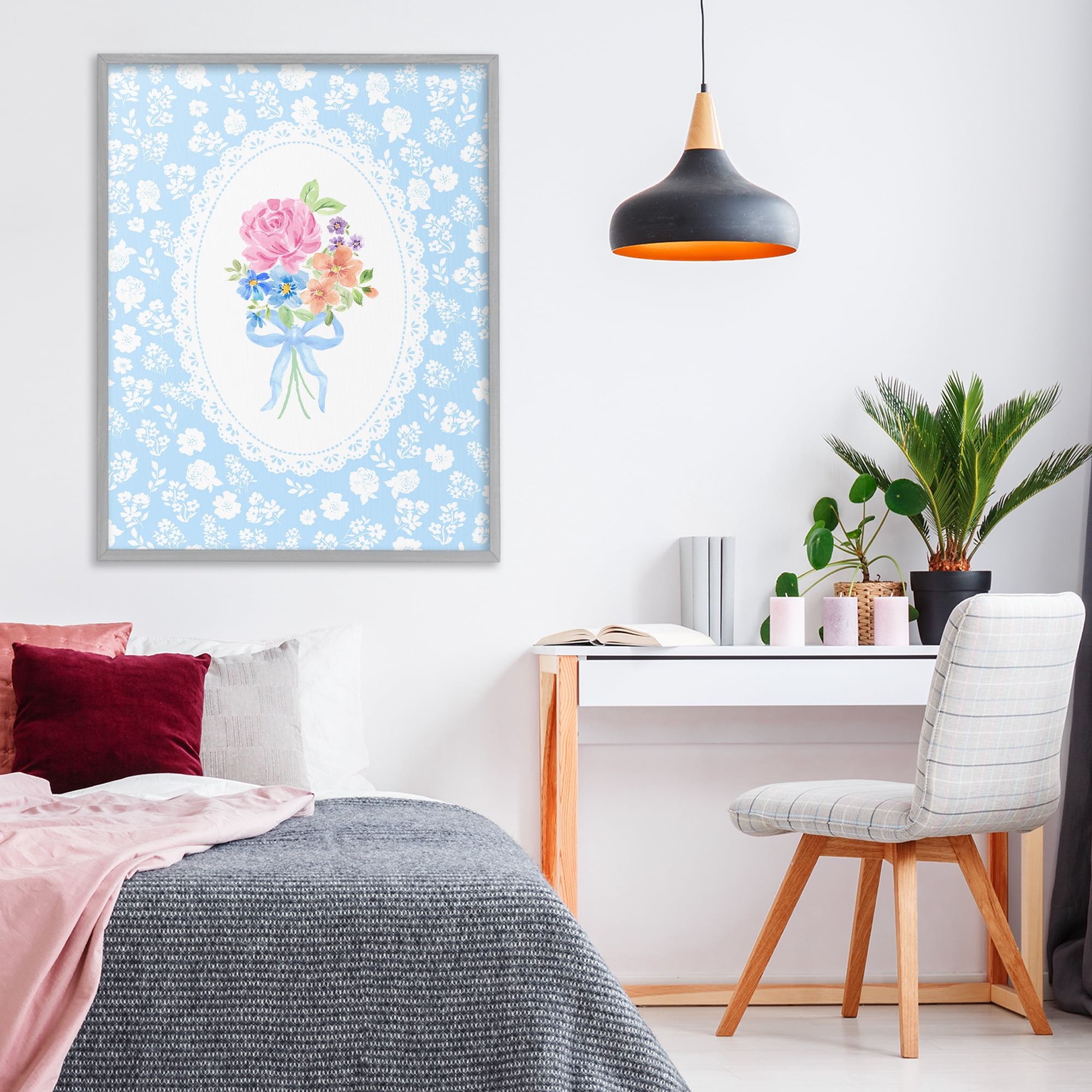 Stupell Industries Blue Feminine Bouquet Gray Framed Giclee Art, design by Corinne Haig