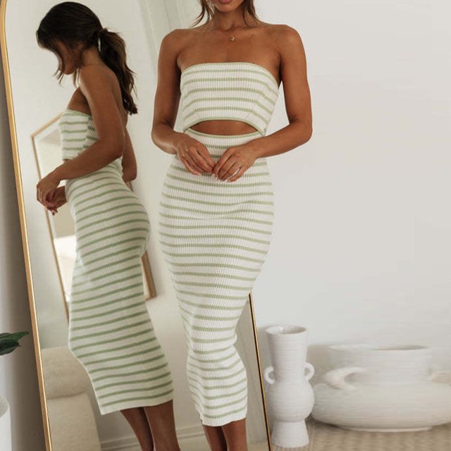 Vestido Tubo Superior Vestido bandeau para mujer sin espalda a rayas horizontales ceñido al cuerpo vestido maxi traje de fiesta Cgtredaw L Verde para Mujer
