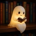 thumbnail image 6 of Halloween Ghost Figurine Statue, Cute Ghost Reading Book Lamp, 3D Unique Night Light Gifts Tabletop Ornament Decoration Cartoon Resin Sculpture for Holiday Decor, S, 6 of 7