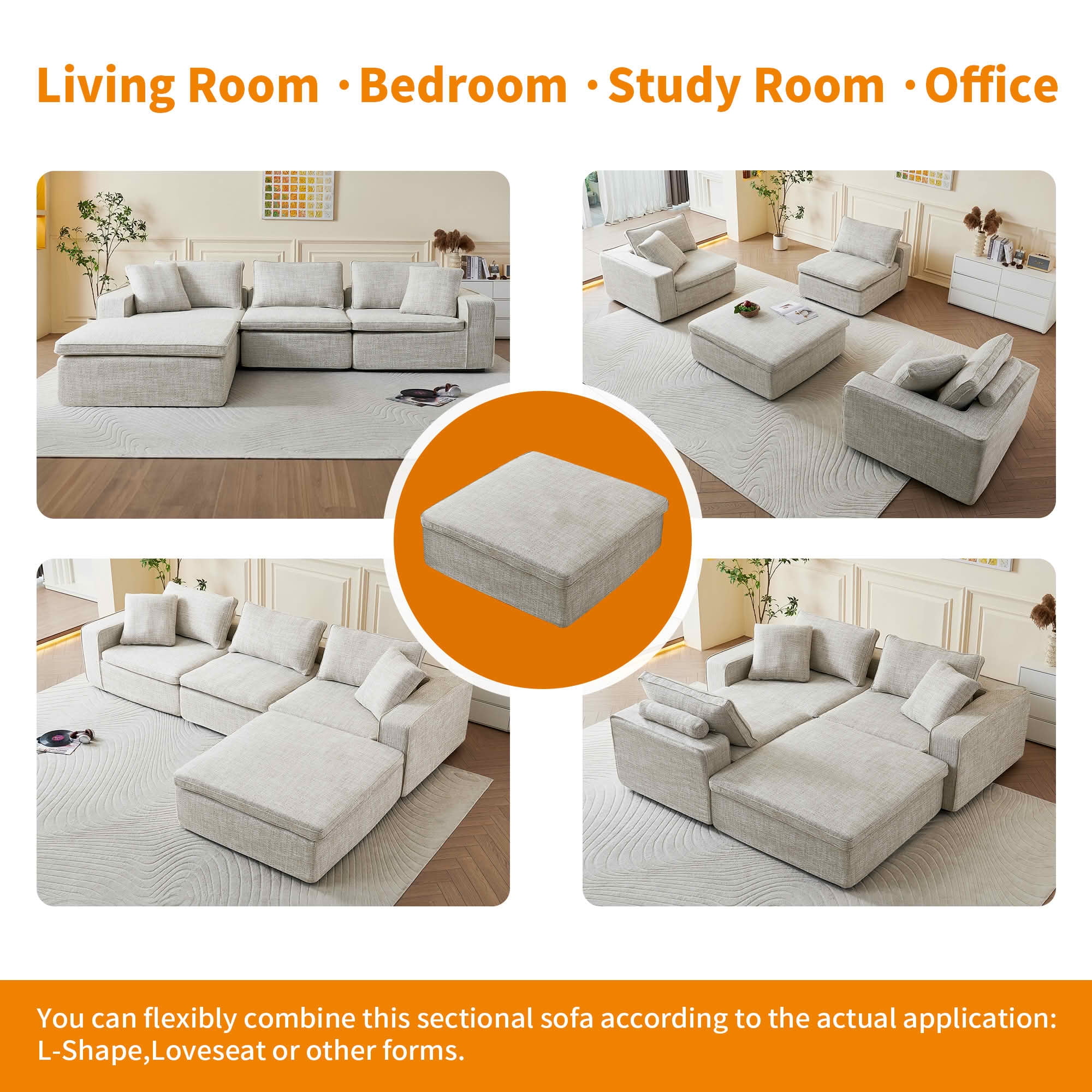 MAYEERTY 131in 4-Seater Cloud Couch with Ottoman, Washable Linen Cover, Pocket Springs & Compressed Delivery，Beige